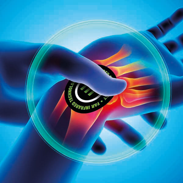 A graphic representation of a person applying a FIT THERAPY UNIVERSAL PATCH to their wrist, with a visual emphasis on the patch and the wrist area suggesting pain relief usage.